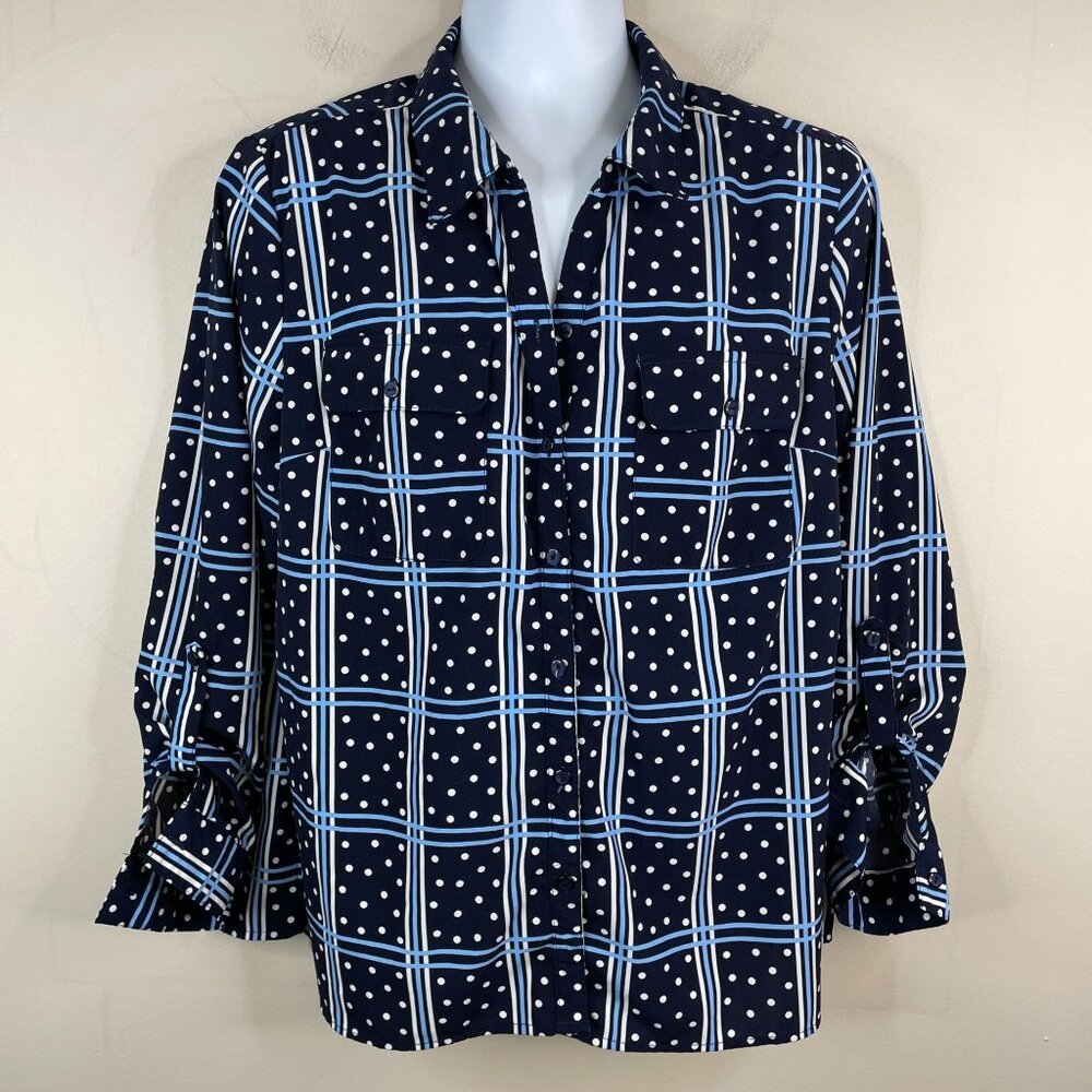 Coral Bay‎ Vintage Polka Dot Plaid Tunic Top Womens XL Blue Coastal Preppy Comfy